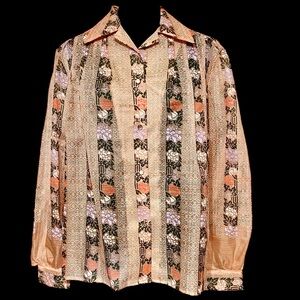 Octavia - 70's Peach Sheer Silk-Screened Floral Print Pullover Blouse- Size M/L